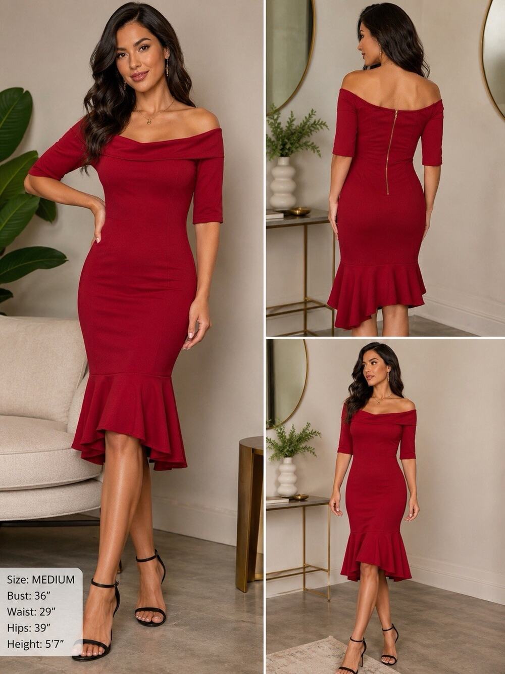 🆕Shoedazzle Burgundy off The Shoulder Bodycon Mermaid Cocktail Womens Dress MED